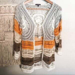 Crochet Boho Color-Block Knit Open Front Top M/L